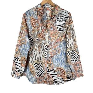 Chico’s No Iron beige ikat paisley animal print button up long sleeve blouse